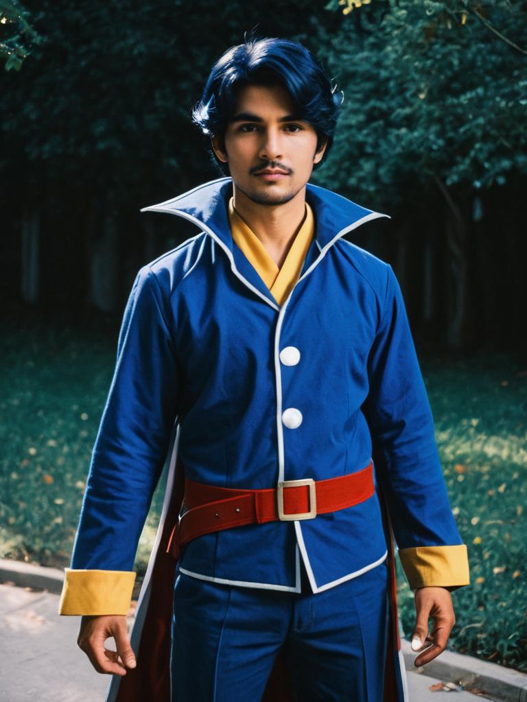 Man Wearing Night's Character Cosplay Costume in Realistic Outdoor Photo