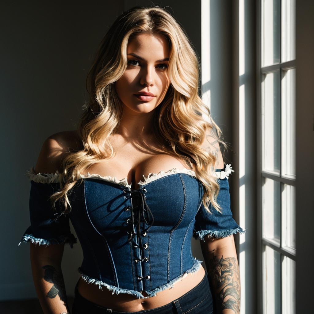 Blonde Woman Wearing Denim Corset Top in Natural Sunlight