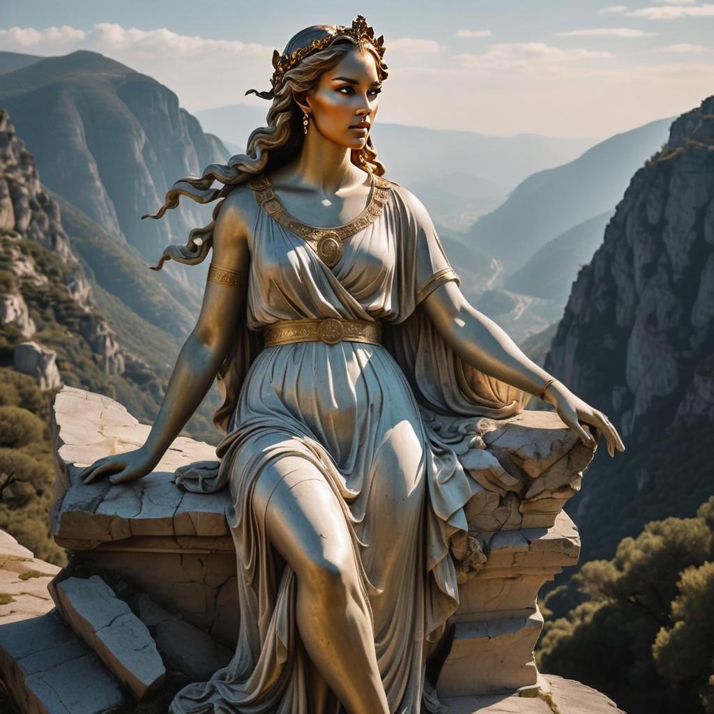Majestic Woman in Ancient Gown Against Mountains