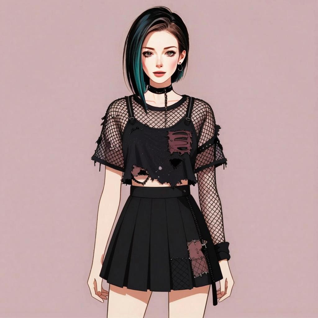 Stylish Young Woman in Punk Goth Fashion Digital Illustration
