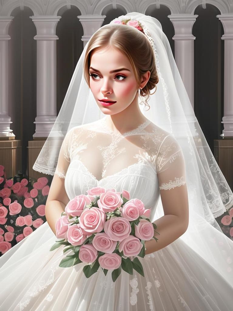 Elegant Bride in White Lace Wedding Dress Holding Pink Roses Bouquet