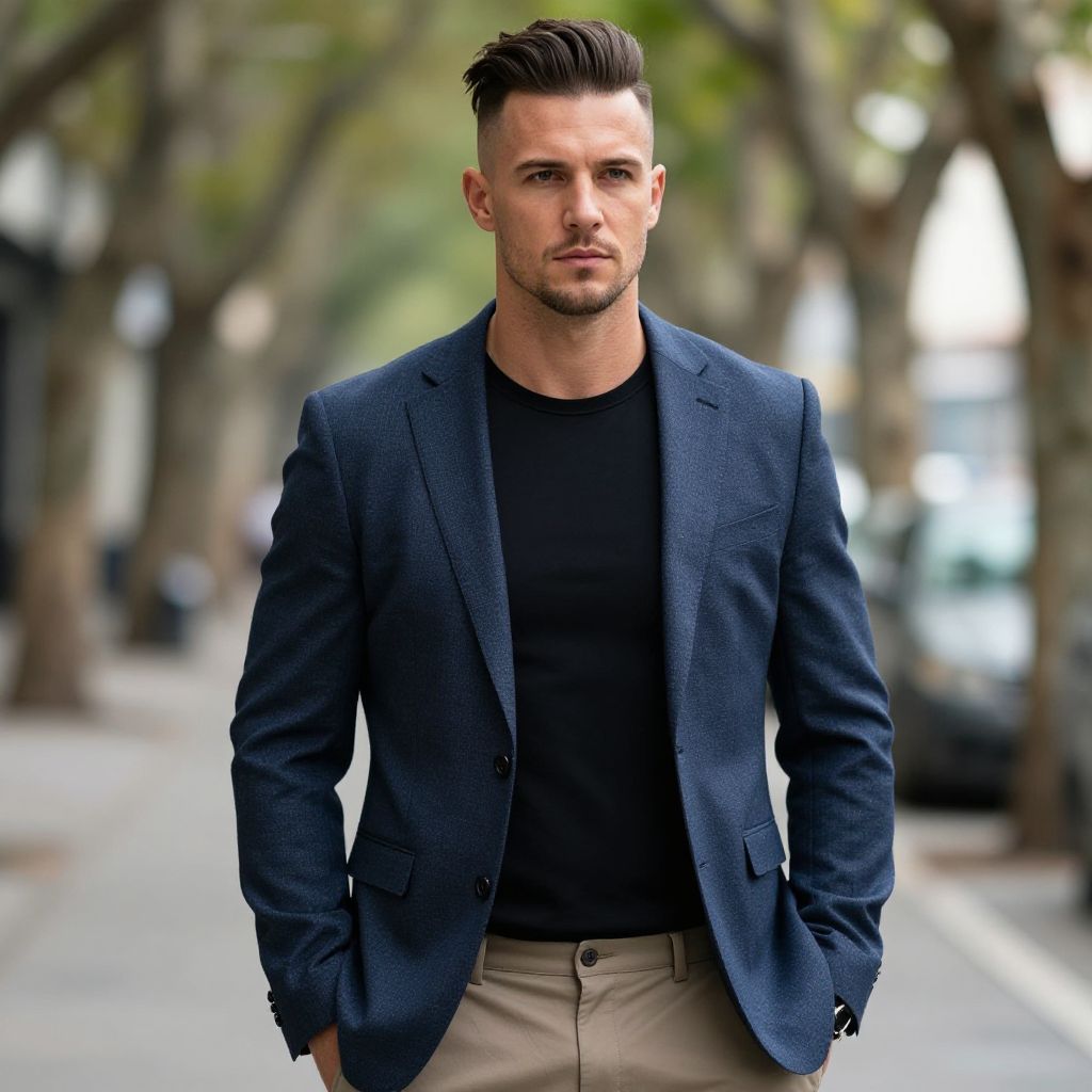 Confident Man in Navy Blue Blazer and Black Shirt on Urban Street