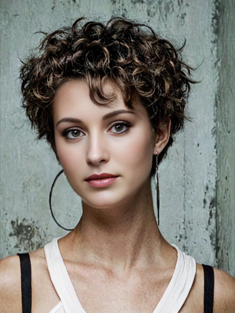 Portrait of woman with short curly hair and serene expression