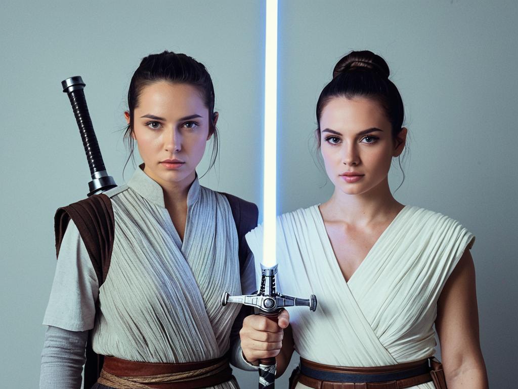 Women in Star Wars Rey Costumes Holding Blue Lightsaber