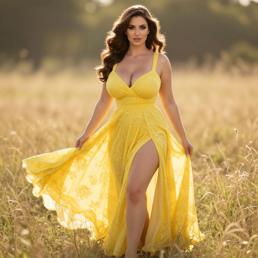 Confident Woman in Flowing Yellow Dress in Sunlit Field