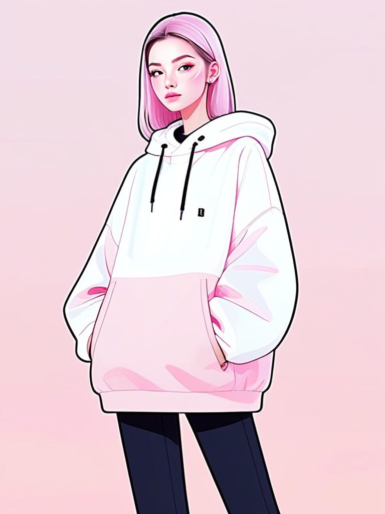 Stylish Young Woman with Pink Hair in Oversized Hoodie Digital Illustration