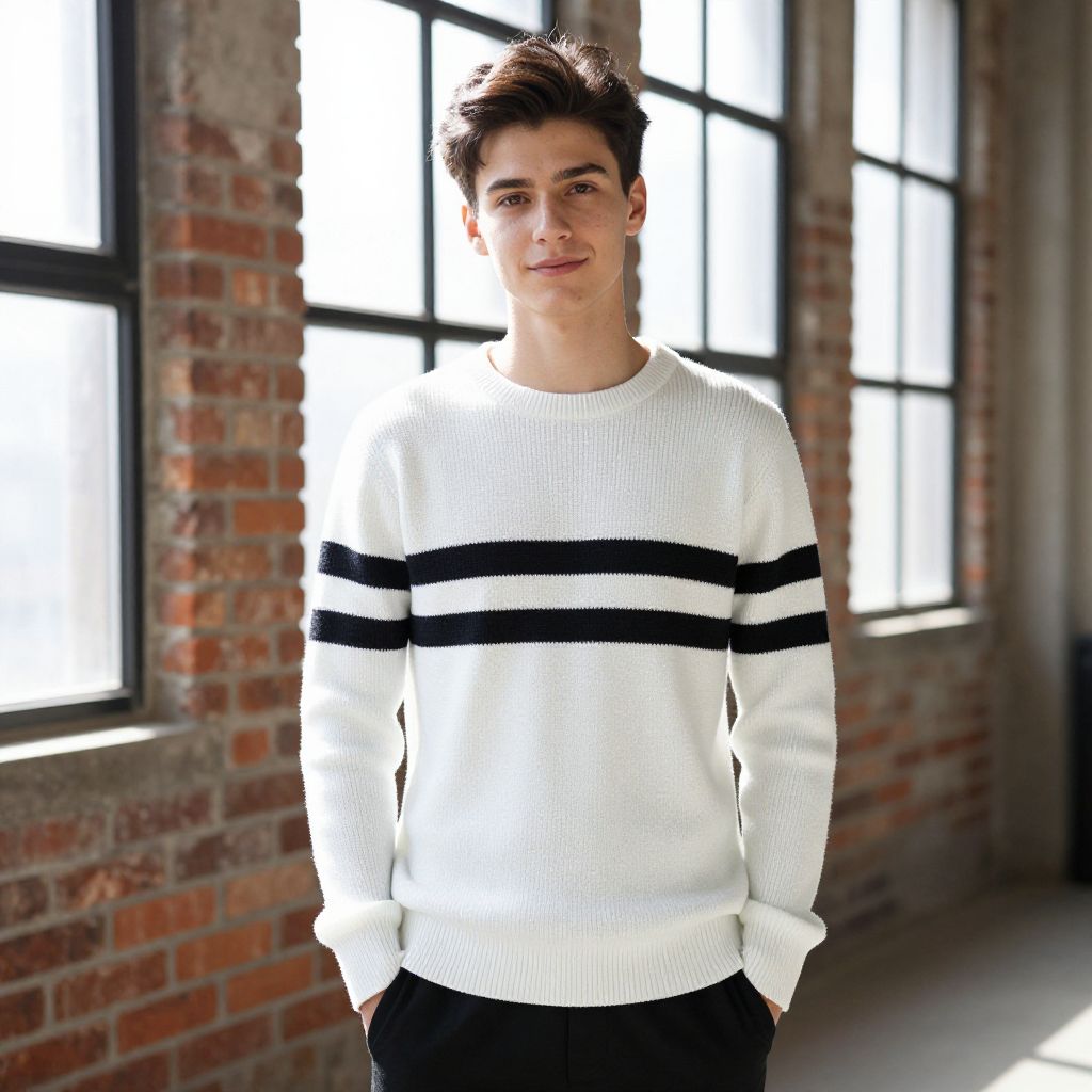 Young Man in White Striped Sweater Posing in Industrial Loft
