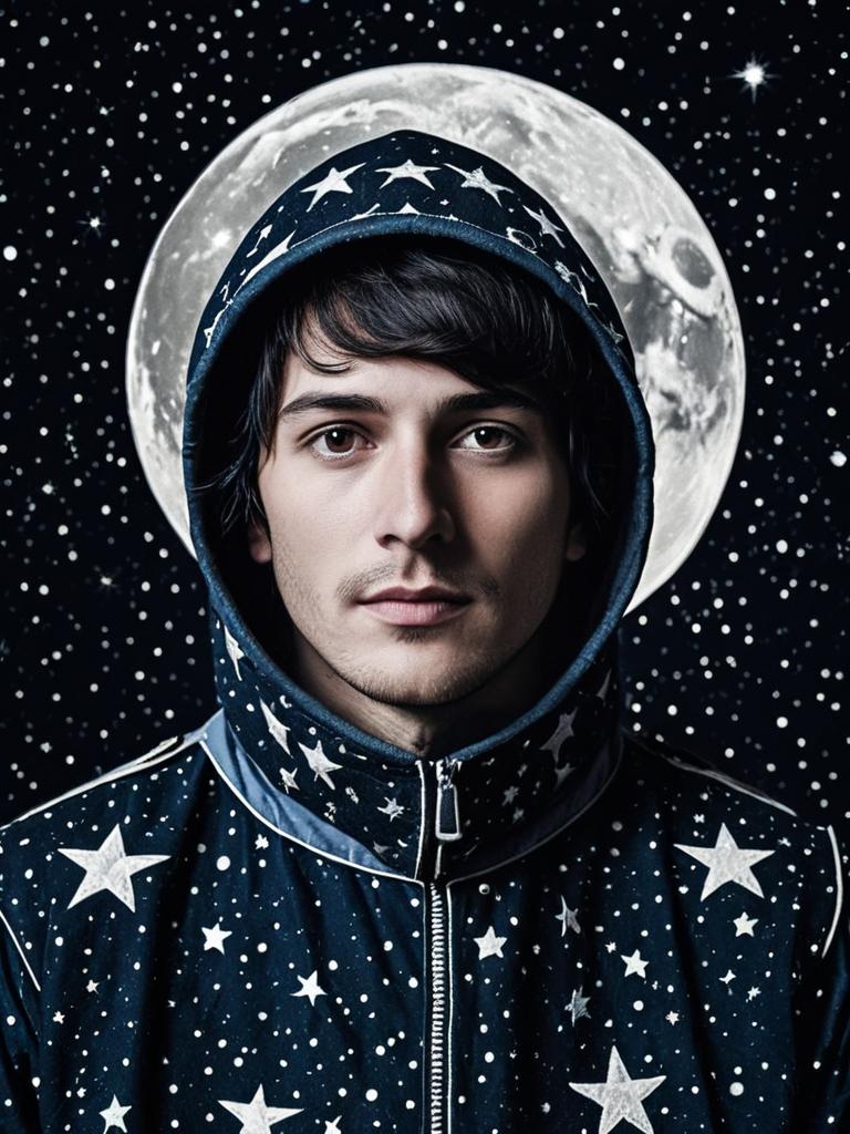 Photorealistic Headshot of Man in Stars and Moons Hoodie with Moon Background