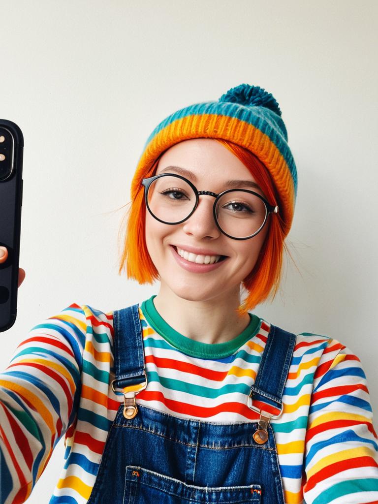 Young Woman Taking Selfie in Colorful Striped Shirt and Beanie