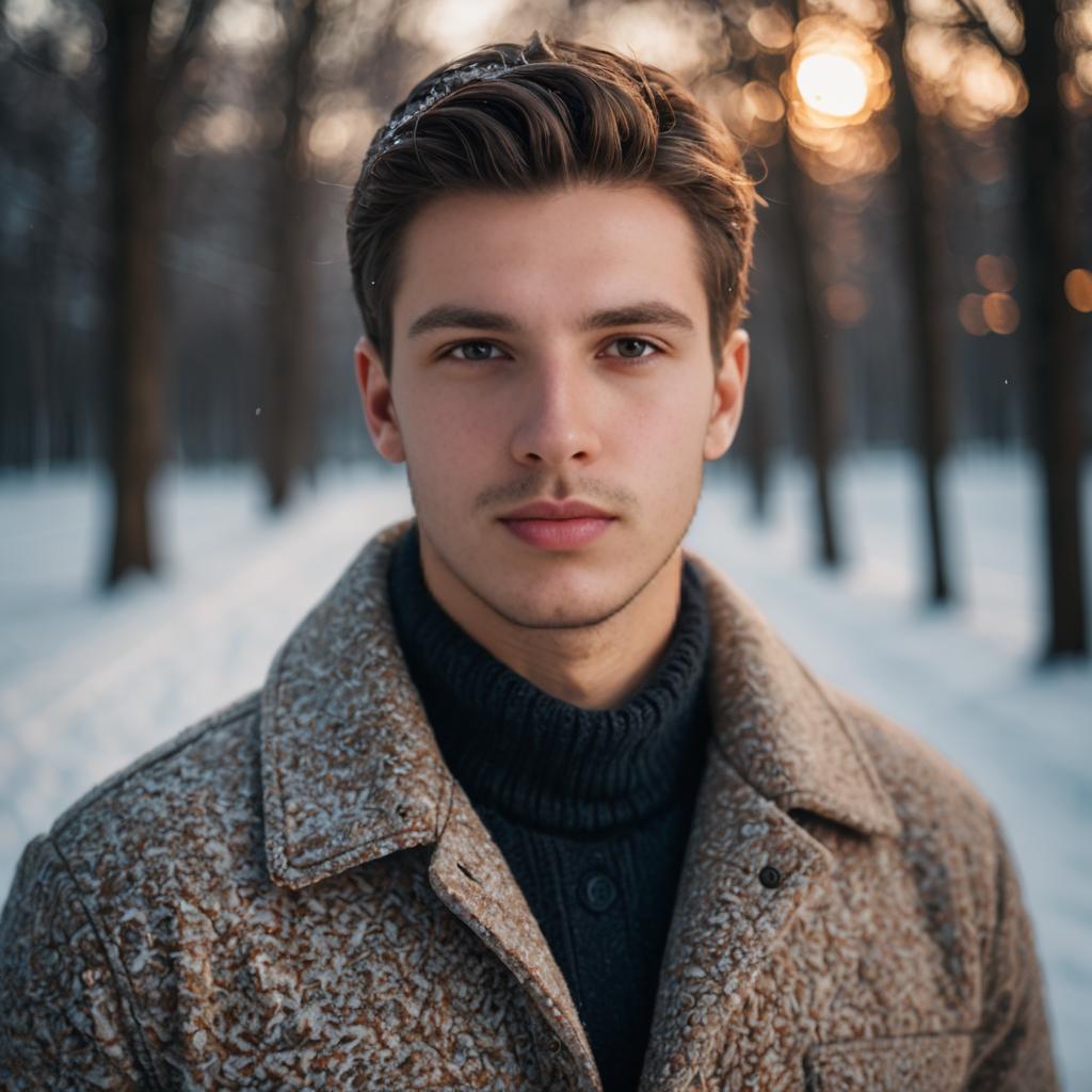 Young Man in Snowy Forest at Sunset