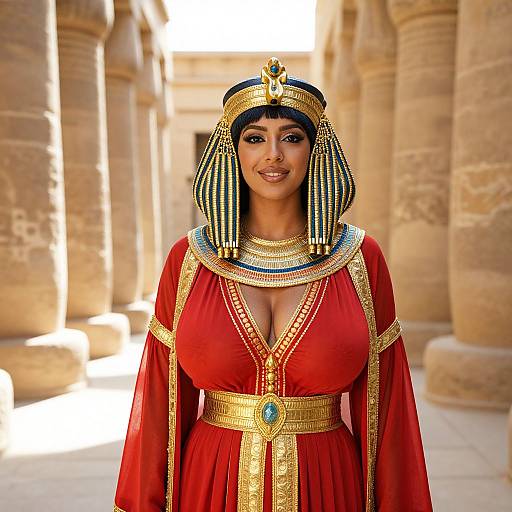 Woman in Ancient Egyptian Costume with Regal Headdress Standing Among Sandstone Columns