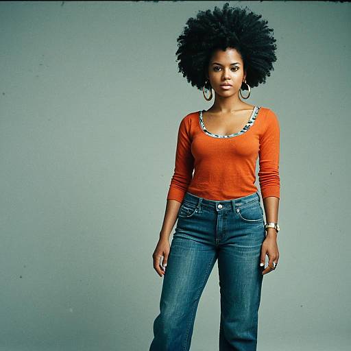Confident Woman with Afro Hairstyle in Casual Orange Top and Jeans