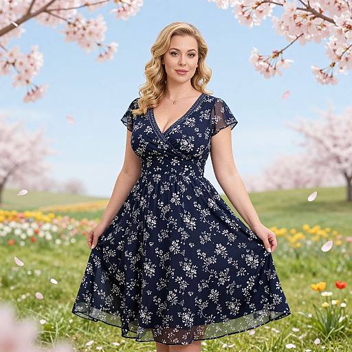 Woman in Navy Blue Floral Dress in Spring Garden with Cherry Blossoms