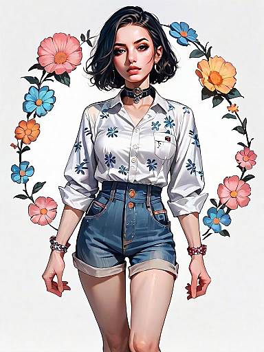 Realistic Digital Art of Woman in Floral Shirt and Denim Shorts with Flower Frame