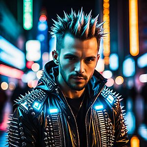 Confident Man in Futuristic Punk Style at Night