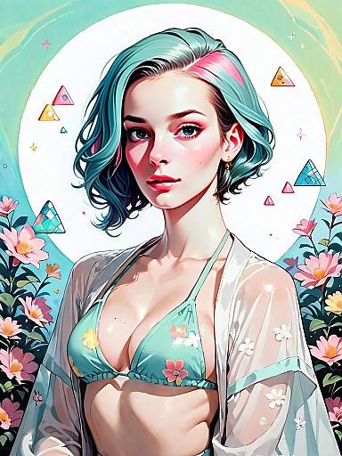 Realistic Digital Art of Woman in Pastel Mint Green Triangle Bikini with Floral Elements