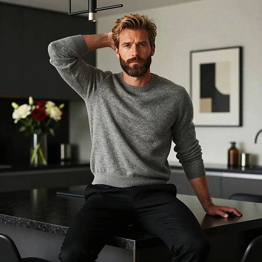 Stylish Bearded Man in Grey Sweater Sitting on Kitchen Island