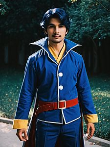 Man Wearing Night's Character Cosplay Costume in Realistic Outdoor Photo