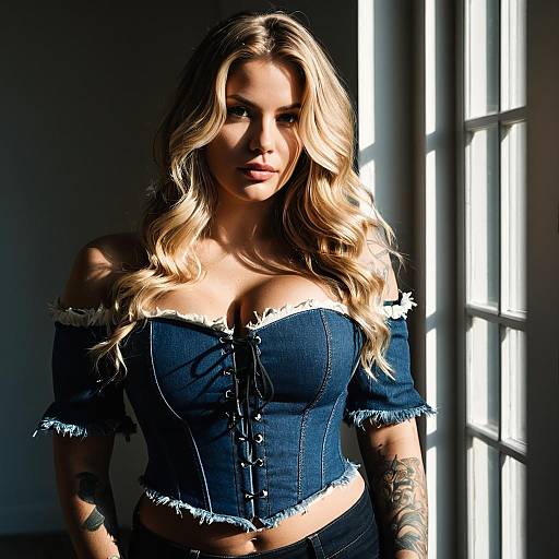 Blonde Woman Wearing Denim Corset Top in Natural Sunlight
