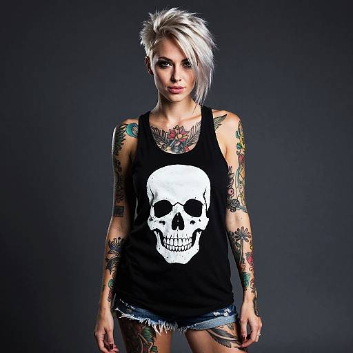 Tattooed Woman in Skull Graphic Tank Top and Denim Shorts