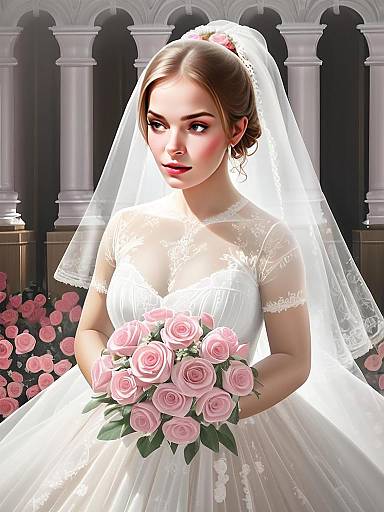 Elegant Bride in White Lace Wedding Dress Holding Pink Roses Bouquet