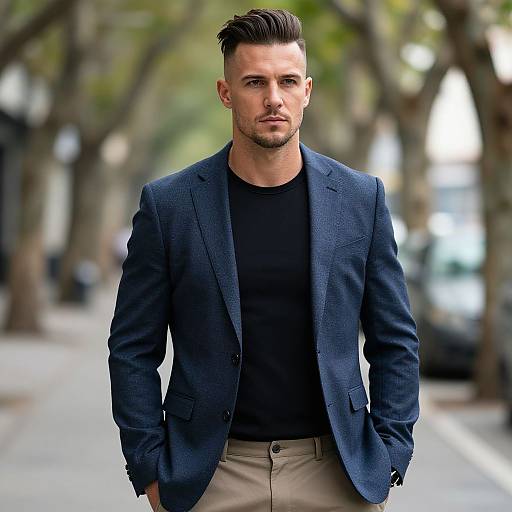 Confident Man in Navy Blue Blazer and Black Shirt on Urban Street