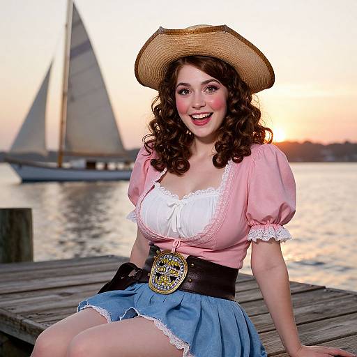 Smiling Woman in Vintage Outfit Sitting on Dock Near Sailboat at Sunset