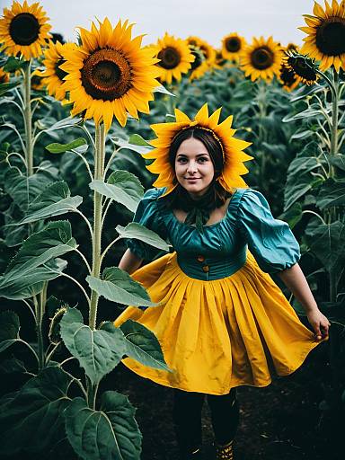Woman Wearing Sunflower Costume in Blooming Sunflower Field Cinematic Realism