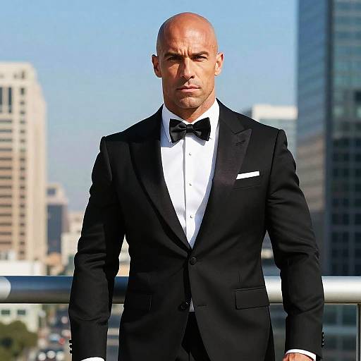 Bald Man in Black Tuxedo with Bow Tie Outdoors in Urban Setting