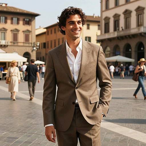 Young Man in Brown Suit Smiling in European Town Square