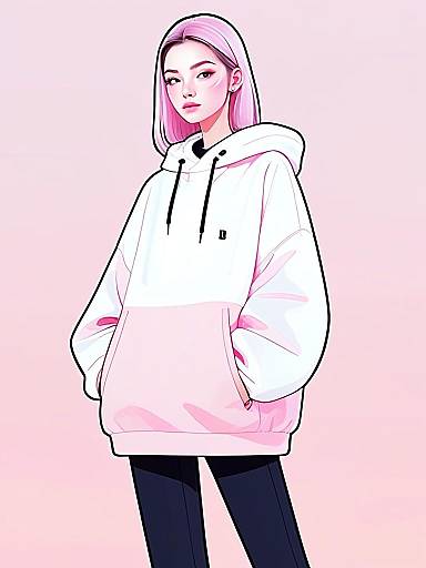 Stylish Young Woman with Pink Hair in Oversized Hoodie Digital Illustration