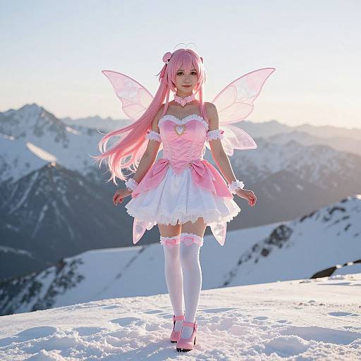 Woman in Pink Fairy Cosplay Outfit on Snowy Mountain