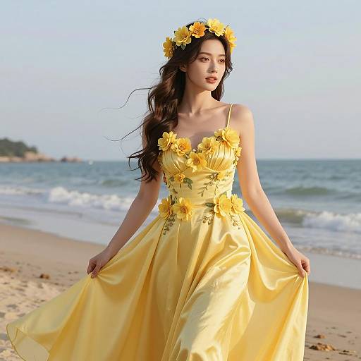 Woman in Yellow Floral Dress on Beach with Flower Crown