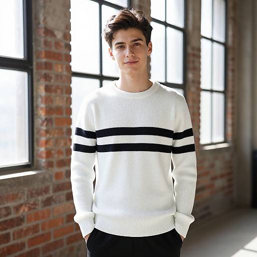 Young Man in White Striped Sweater Posing in Industrial Loft