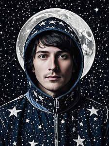 Photorealistic Headshot of Man in Stars and Moons Hoodie with Moon Background