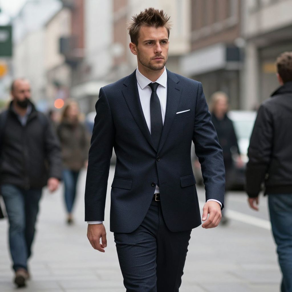 Young Man Walking in Navy Blue Suit on City Street