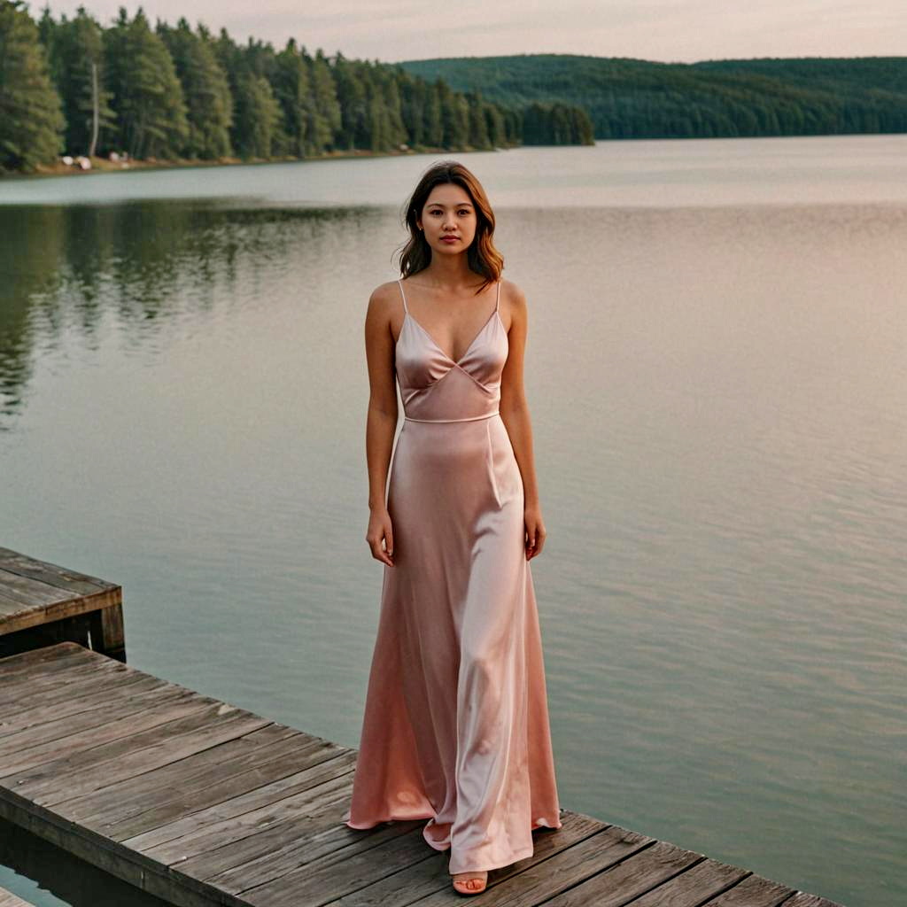 Graceful Woman in Satin Gown on Dock