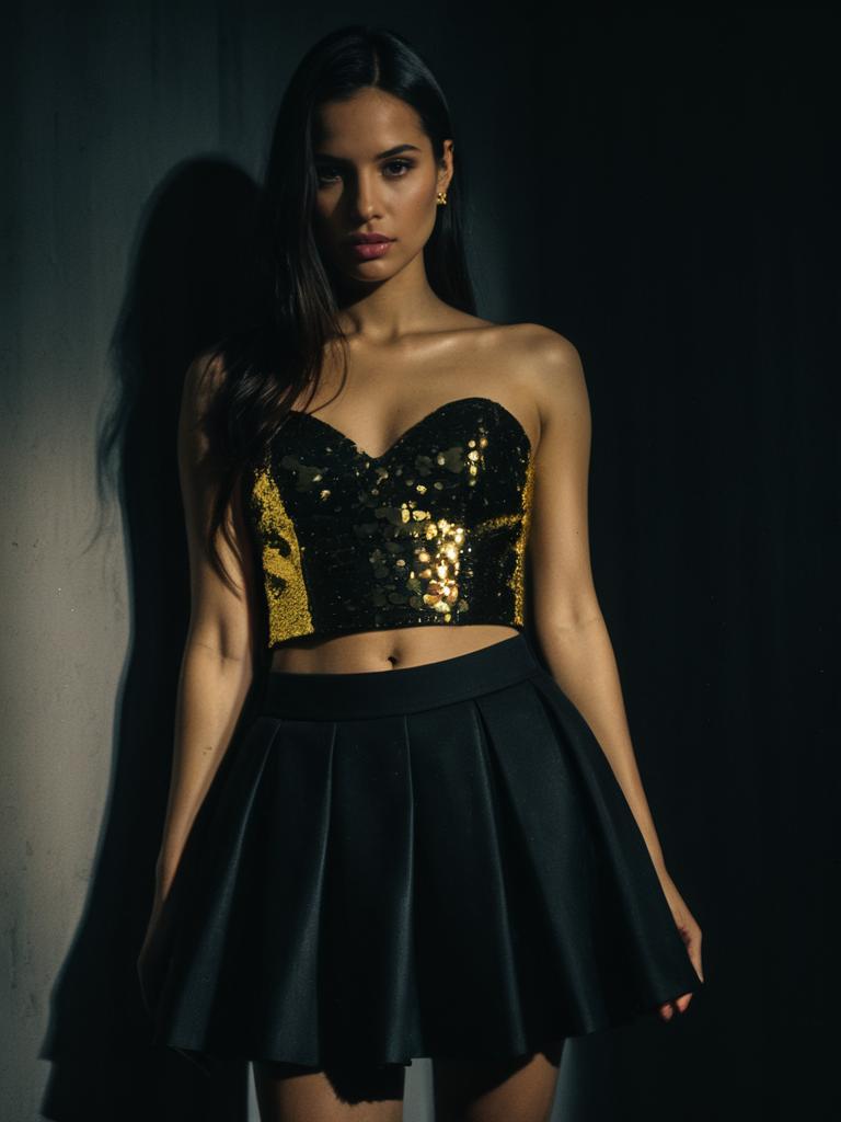 Woman Wearing Contemporary Strapless Sequined Bodice Party Top with Black Skirt