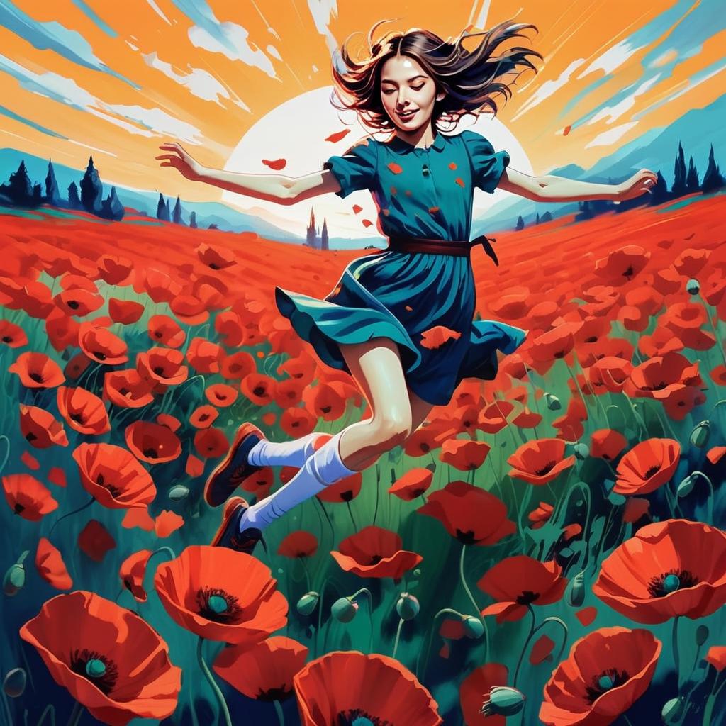 Joyful Woman in Blue Dress Leaping Through Poppies