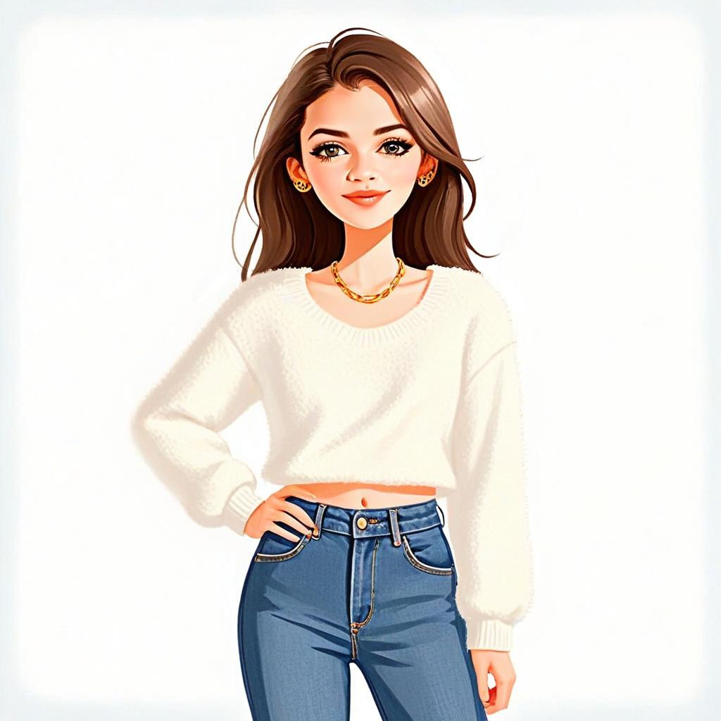Woman With Pretty Face and Hair in Casual Chic Outfit Illustration