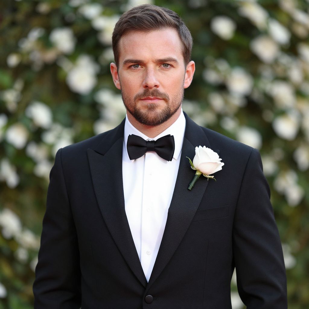 Man in Black Tuxedo with Rose Boutonniere Formal Portrait