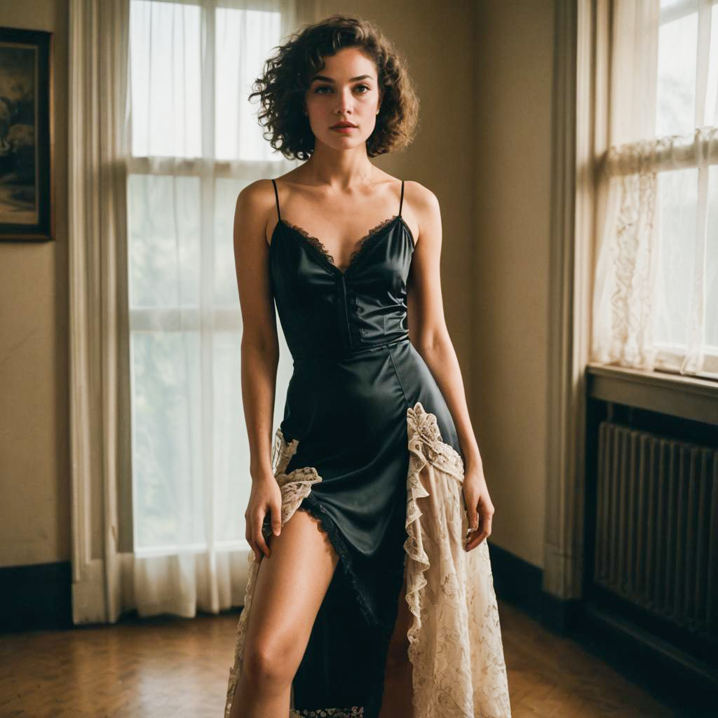 Elegant Woman in Black Satin Dress with Beige Lace Details