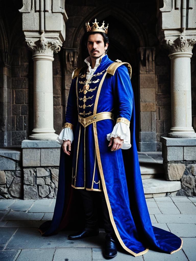Man in Royal Fantasy Prince Costume with Blue Velvet Robe and Golden Crown