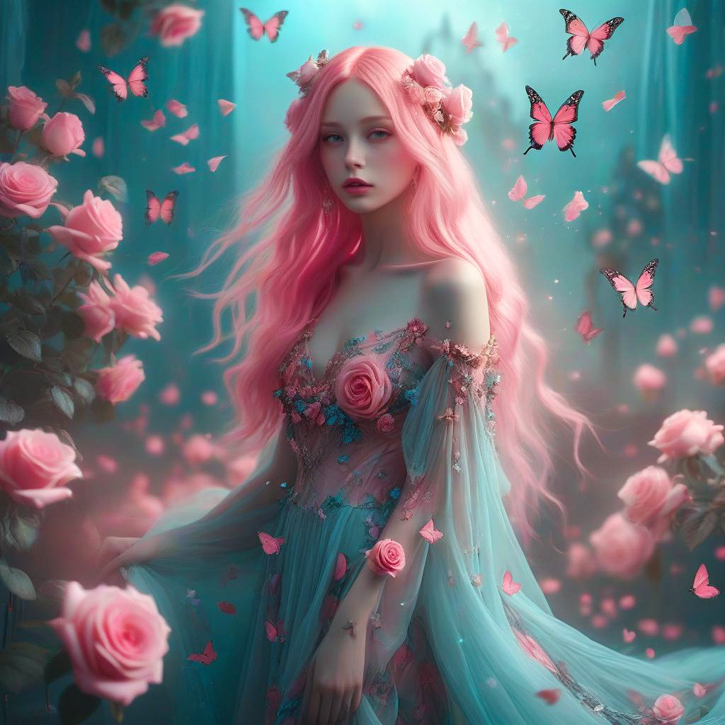 Mystical Woman in Dreamy Garden with Pink Roses Mystical Woman in Dreamy Garden with Pink Roses