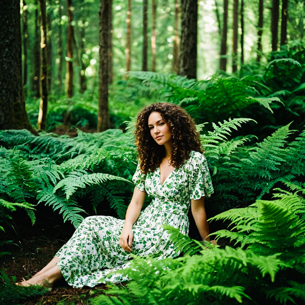 Woman in Floral Dress Amidst Lush Ferns