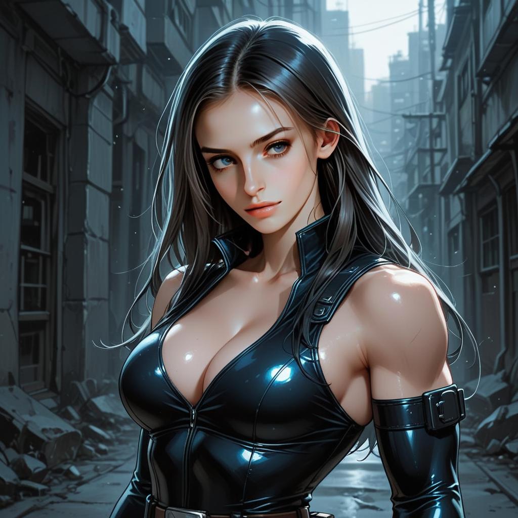 Dark Illustrious Woman in Cyberpunk Alley Digital Art