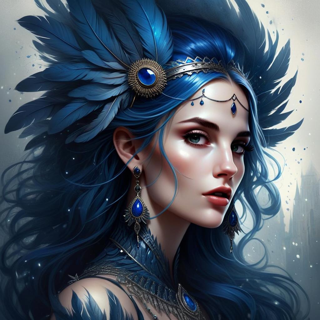 Regal Woman with Blue Hair and Feathered Headpiece