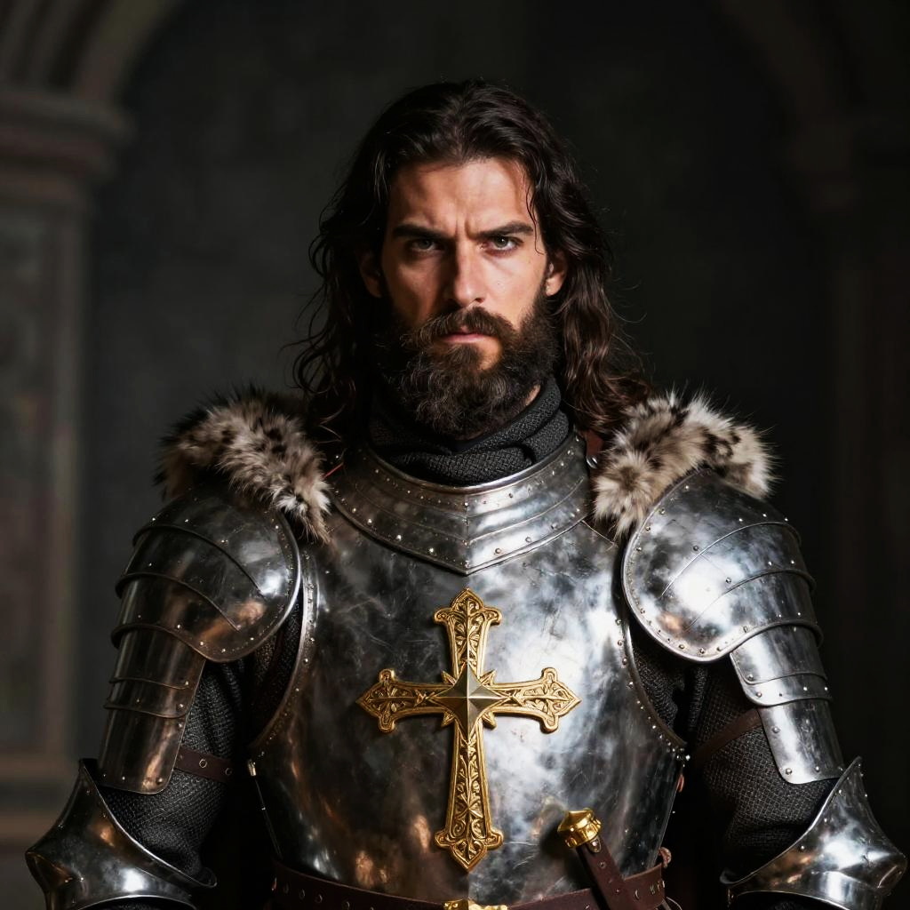 Medieval Knight Armor with Golden Cross and Fur Accents