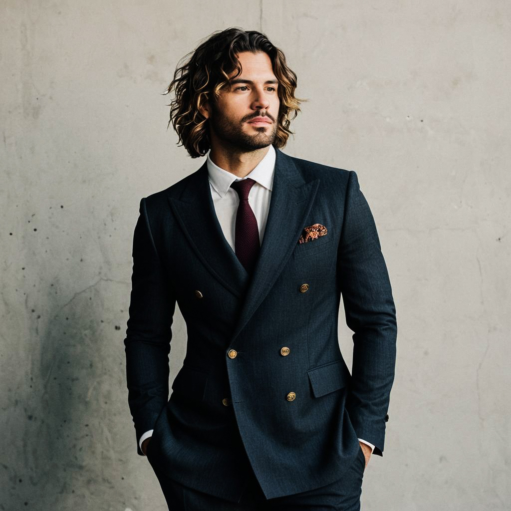 Stylish Man in Navy Suit with Burgundy Tie