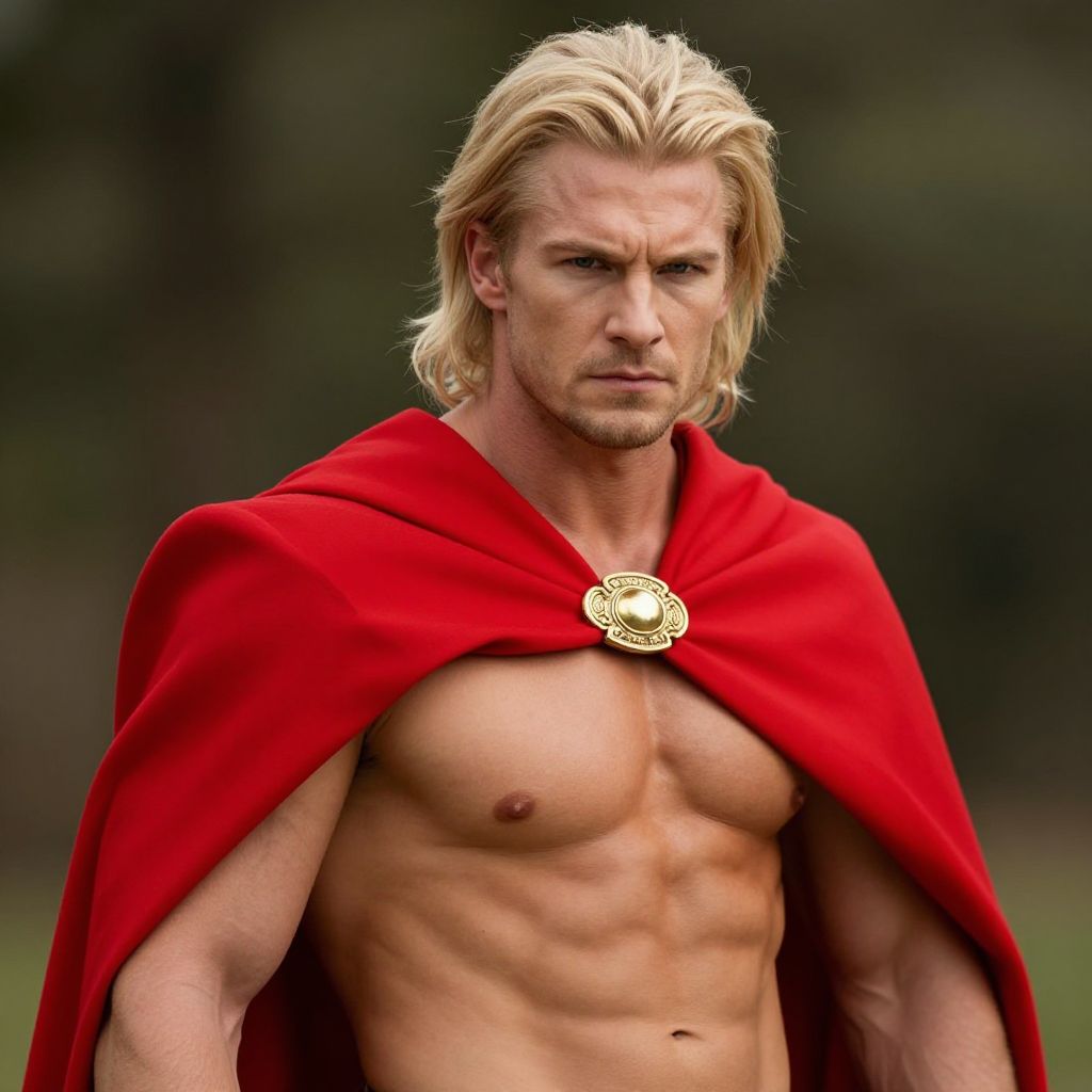Muscular Blonde Man Wearing Red Cape with Gold Clasp Outdoors